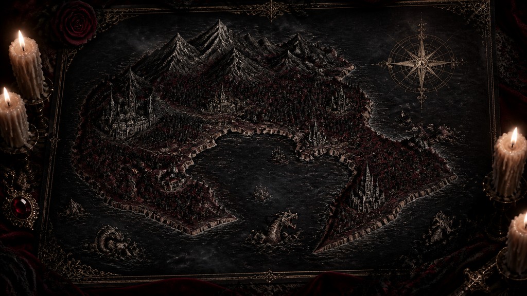 a map of an island realm with mountains, forests, a sheltered bay, sea monsters in the water and a compass rose, no text labels