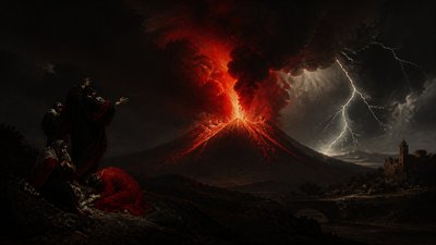 an erupting volcano with lightning strikes, dramatic wide composition, no text