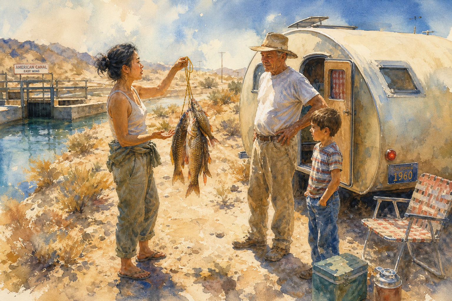 In the California desert standing near one of the branches of the american canal, an Asian woman holds up a string of carp, asking an older American man who is standing in front of his 1960 Teardrop camper/trailer what to do with them. a young boy stands near the man. The whole scene is transpiring under the hot sun.