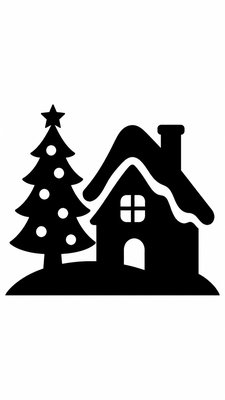 a snow-covered cottage with warm glowing windows beside a decorated pine tree, gentle snowfall, no text