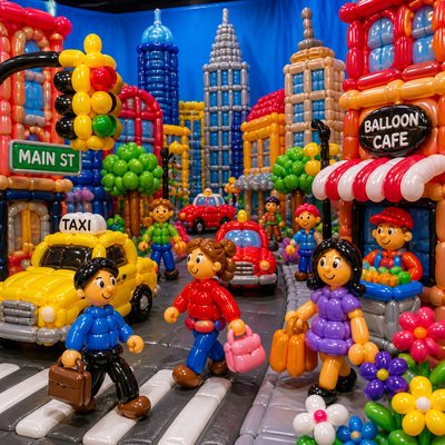urban street with city activity — Balloon Art Style