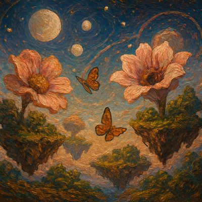  Floating islands with lush, fantastical flora
• Celestial skies filled with moons, stars, and planetary orbits
• Oversized flowers as emotional anchors or portals
• Butterflies as messengers, memory-keepers, or guides
• Dreamlike color palettes: soft pinks, deep blues, radiant whites
• Gravity-defying compositions and layered atmosphere
Using psychedelic art and impasto style art
