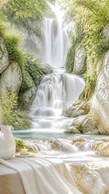 a cascading waterfall in a lush green gorge, no people