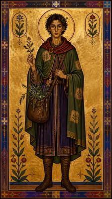 full-body original character: a wandering botanist with a satchel of plants, a patched green cloak, tall boots and round glasses, neutral background