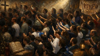 a painting of a crowd of people raising their hands