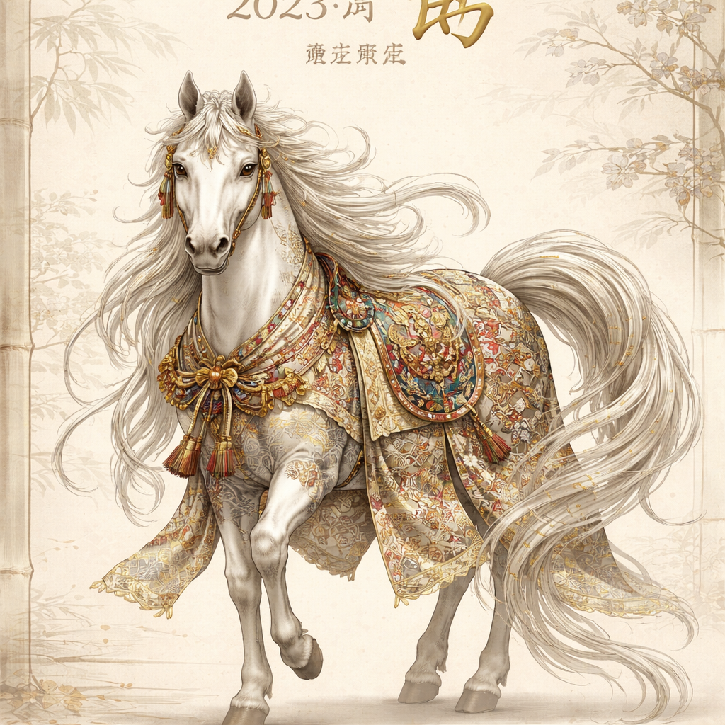 Masterpiece of Japanese fantasy illustration, ultra-detailed, refined high-end aesthetic, majestic horse as a Shōgatsu New Year symbol, complete and graceful form, body adorned with intricate traditional Japanese motifs inspired by kimono textiles and Edo-period patterns, including seigaiha waves, asanoha geometry, and subtle sakura accents, delicate gold leaf and fine metallic ink tracing contours, ultra-fine linework with hand-inked precision, standing against a minimal washi-paper background in soft ivory with muted crimson and ink-black accents, flowing mane and tail with elegant, elongated motion conveying calm strength and forward momentum, mid-shot, front-facing composition, balanced use of negative space, refined textile-like textures, quiet ceremonial atmosphere, 8K resolution, hyper-detailed yet painterly rendering, museum-quality illustration, subtle gold calligraphy text at top reading “2026 年 馬” with a smaller inscription “謹賀新年”, in the style of Japanese ink illustration blended with contemporary fantasy art, delicate line-art, restrained color palette, timeless and elegant