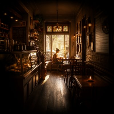 cozy cafe interior with warm lighting