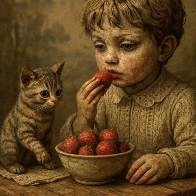 a painting of a boy eating strawberries next to a cat
