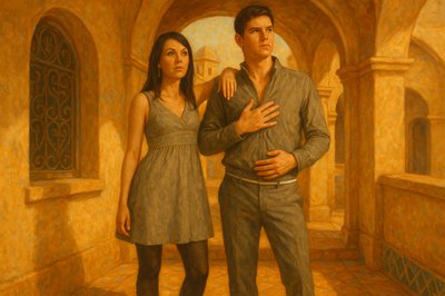 a painting of a man and a woman standing together