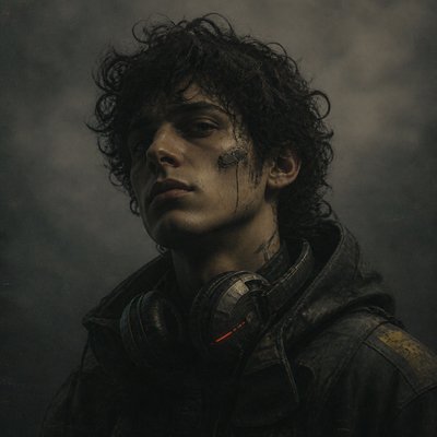 head-and-shoulders portrait of an original character: a young man with curly dark hair and headphones around his neck, plain backdrop, no text