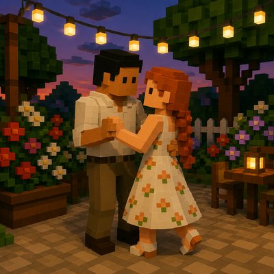 an original couple dancing under string lights in a garden at dusk: a man with short black hair in a linen shirt and a woman with braided red hair in a summer dress