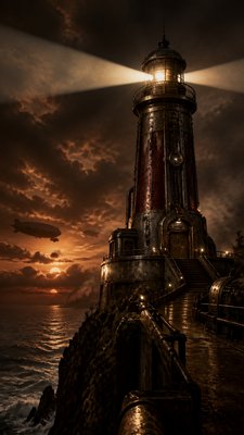 a lone lighthouse on a cliff at dusk under a dramatic sky, no text or lettering
