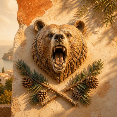 a roaring bear head above crossed pine branches, bold graphic composition on a plain background, no text