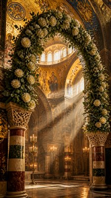 an arch of white roses and eucalyptus in soft morning light, elegant vertical composition with open space, no text