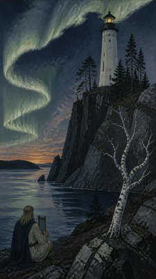 a lone lighthouse on a cliff at dusk under a dramatic sky, no text or lettering