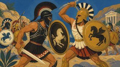 ancient greek warriors fight with swords