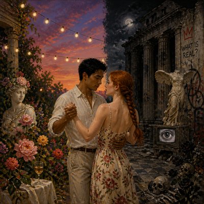 an original couple dancing under string lights in a garden at dusk: a man with short black hair in a linen shirt and a woman with braided red hair in a summer dress