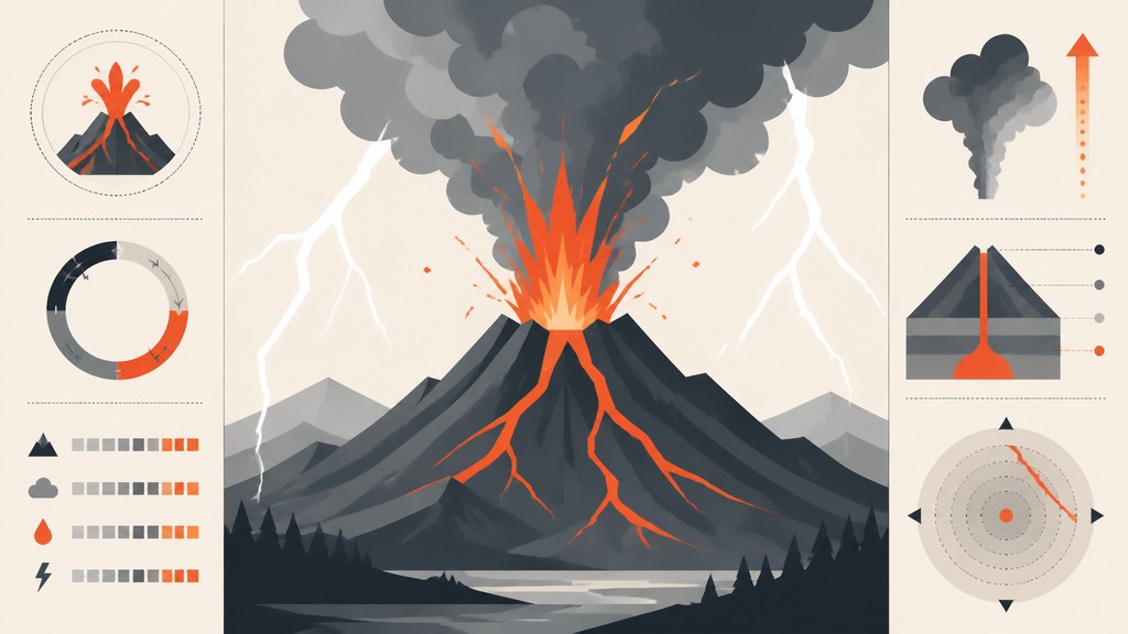 an erupting volcano with lightning strikes, dramatic wide composition, no text