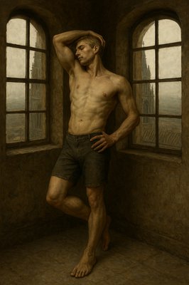 a painting of a man standing in front of a window