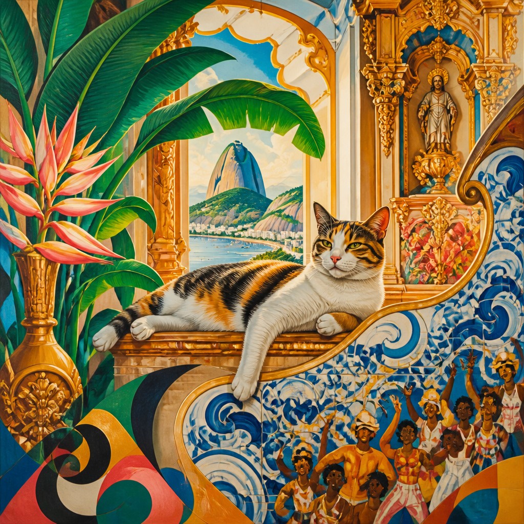 a cat lounging in a sunlit window — Brazilian Art Style