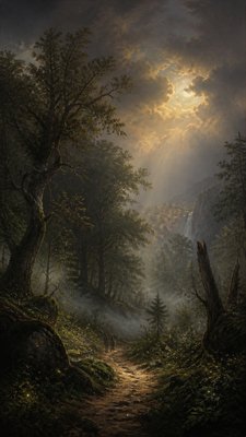 a mysterious forest path with fireflies and drifting mist, atmospheric vertical composition with open space at the top, no text