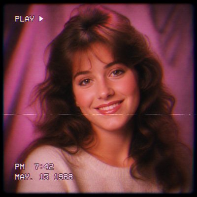 head-and-shoulders portrait of an original character: a young woman with wavy chestnut hair and a warm smile, plain soft backdrop