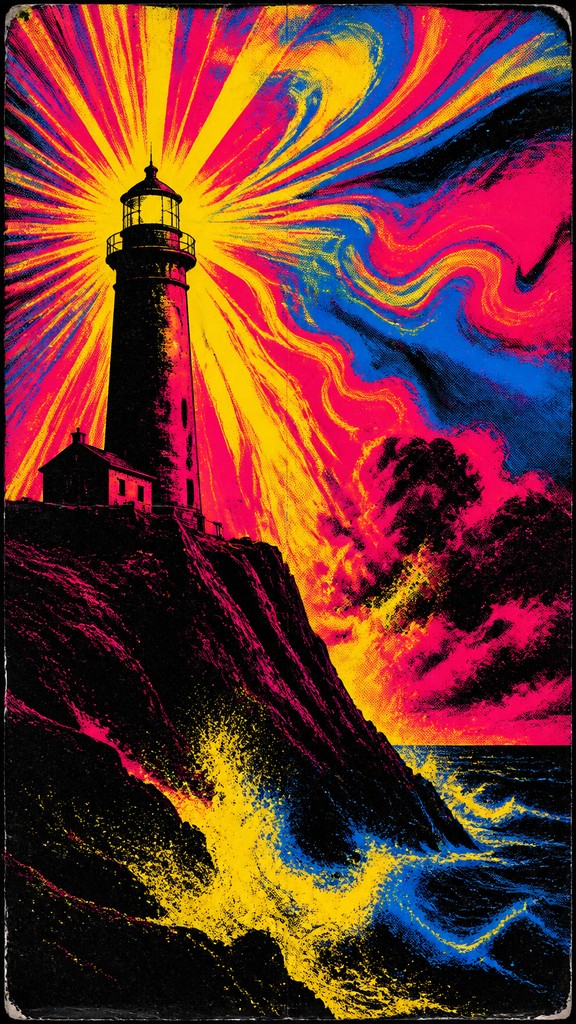a lone lighthouse on a cliff at dusk under a dramatic sky, no text or lettering