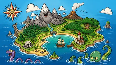 a map of an island realm with mountains, forests, a sheltered bay, sea monsters in the water and a compass rose, no text labels