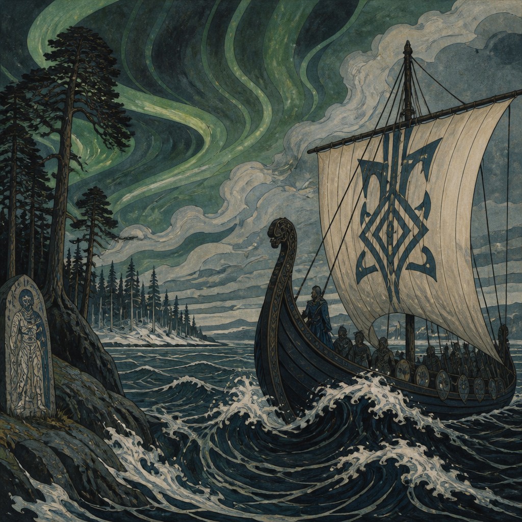 sailing ship on a stormy sea — Finnish Art Style
