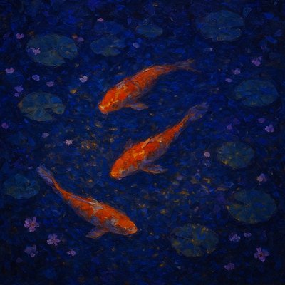 A koi pond seen from above, orange and white koi fish swimming among lily pads, clear water with subtle ripples, fallen cherry blossom petals floating on the surface, dappled sunlight