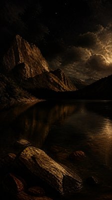 a tranquil mountain lake beneath a starry night sky, no people, no text