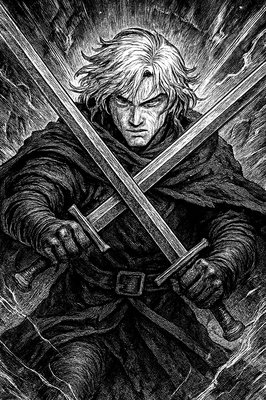 a painting of a man holding two swords