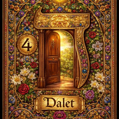 A picture of the Hebrew letter Dalet including in the design a picture of a door and the modern Hebrew Dalet symbol (ד), the number 4 and the name of the letter "Dalet" . With no other number or letter symbols included