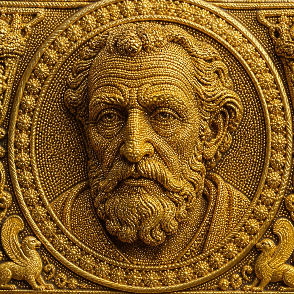close-up portrait of an elderly person with expressive weathered features — Etruscan Granulation Jewelry Style