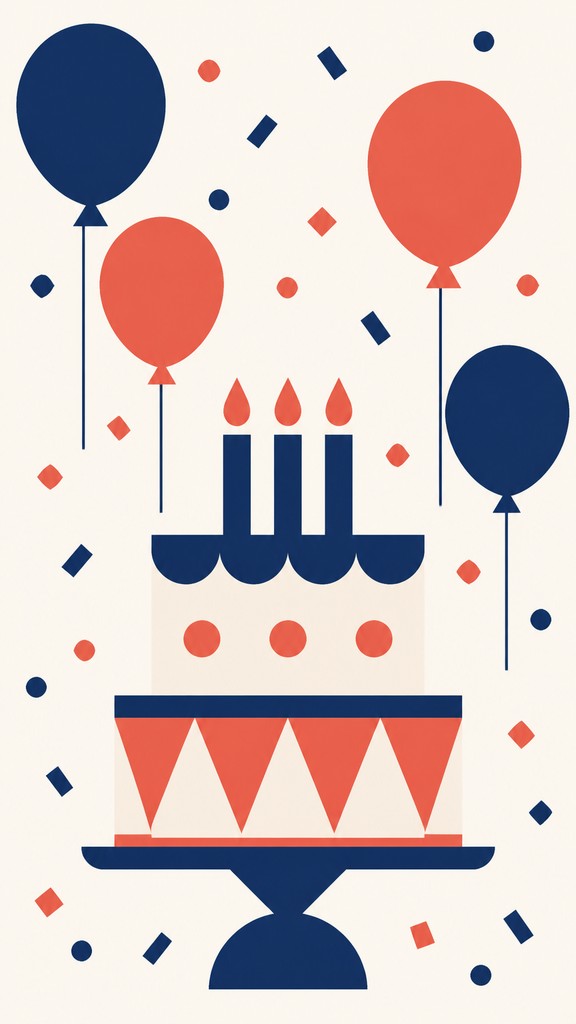 a birthday cake with lit candles surrounded by balloons and confetti, festive vertical composition, no text