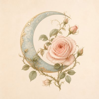 a rose entwined with a crescent moon, clean balanced composition on a plain background, no text