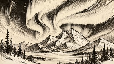 a flowing aurora over snowy peaks, wide sweeping composition, no people, no text