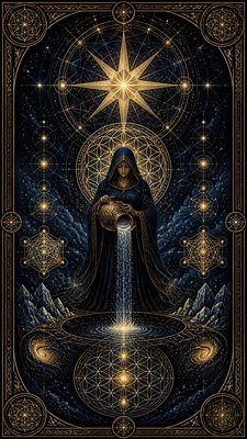 a robed figure pouring water beneath a large eight-pointed star in a night sky, symmetrical composition with an ornate decorative border, no text