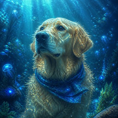 portrait of a golden retriever wearing a blue bandana, warm plain backdrop, no text