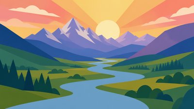 a vast valley with a river winding toward distant mountains at sunrise, no people, no text