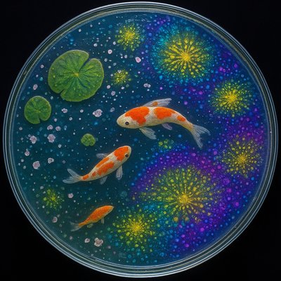 A koi pond seen from above, orange and white koi fish swimming among lily pads, clear water with subtle ripples, fallen cherry blossom petals floating on the surface, dappled sunlight