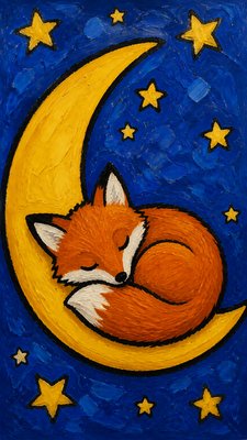 a sleeping baby fox curled on a crescent moon among soft stars, gentle and warm, no text