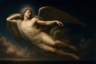 a painting of an angel floating in the air