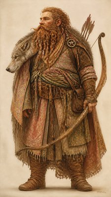 full-body original character: a dwarven ranger with a braided auburn beard, worn leather armor, a longbow and a wolf-pelt cloak, neutral background, no text