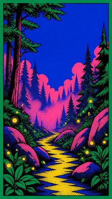 a mysterious forest path with fireflies and drifting mist, atmospheric vertical composition with open space at the top, no text
