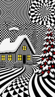 a snow-covered cottage with warm glowing windows beside a decorated pine tree, gentle snowfall, no text