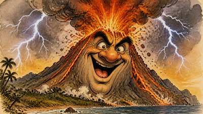 an erupting volcano with lightning strikes, dramatic wide composition, no text