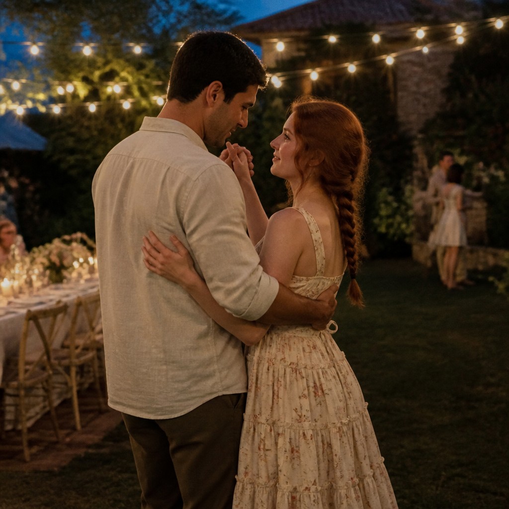 an original couple dancing under string lights in a garden at dusk: a man with short black hair in a linen shirt and a woman with braided red hair in a summer dress