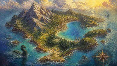 a map of an island realm with mountains, forests, a sheltered bay, sea monsters in the water and a compass rose, no text labels