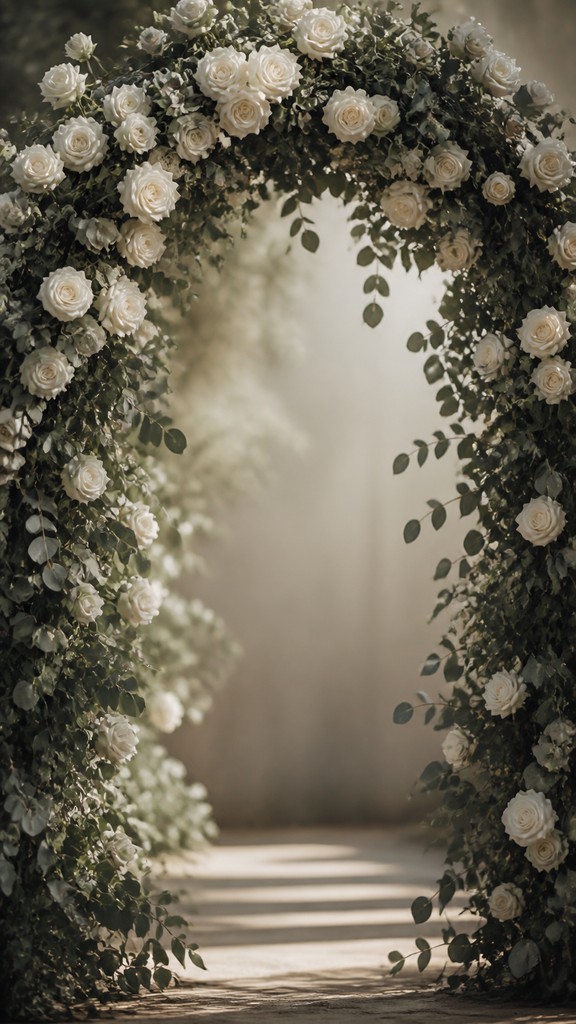an arch of white roses and eucalyptus in soft morning light, elegant vertical composition with open space, no text